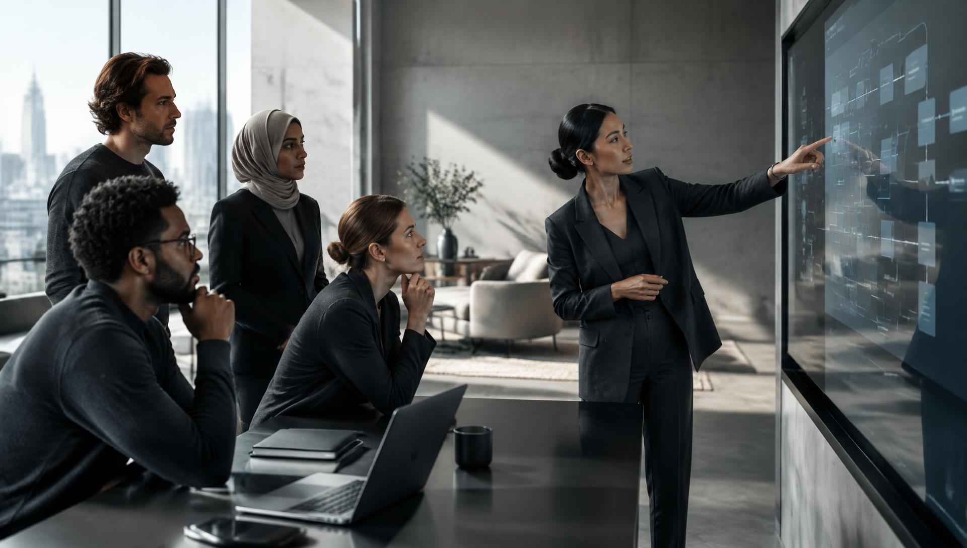 International specialist team reviewing a business workflow